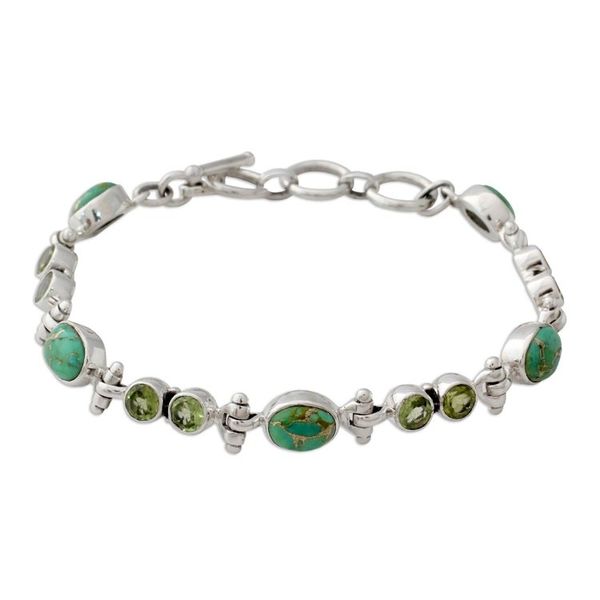 Alternate image for Peridot and Reconstituted Turquoise Silver Link Bracelet Green Glow