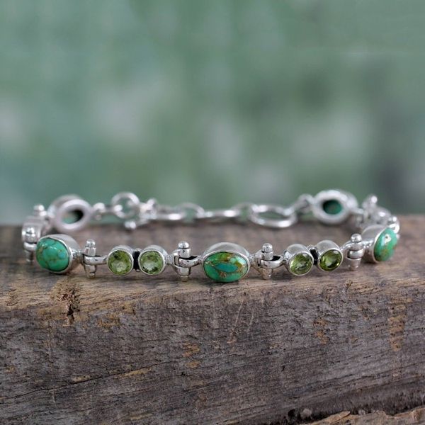 Alternate image for Peridot and Reconstituted Turquoise Silver Link Bracelet Green Glow
