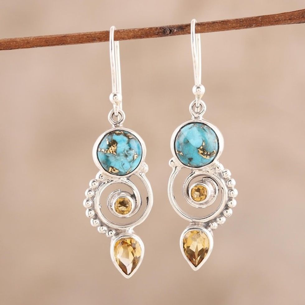 Citrine and Composite Turquoise Spiral Dangle Earrings 'Cool Labyrinth'