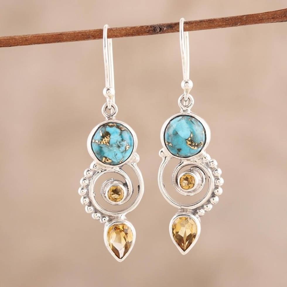 Citrine and Composite Turquoise Spiral Dangle Earrings 'Cool Labyrinth'