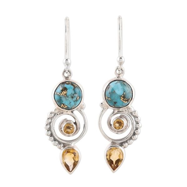 Alternate image for Citrine and Composite Turquoise Spiral Dangle Earrings Cool Labyrinth