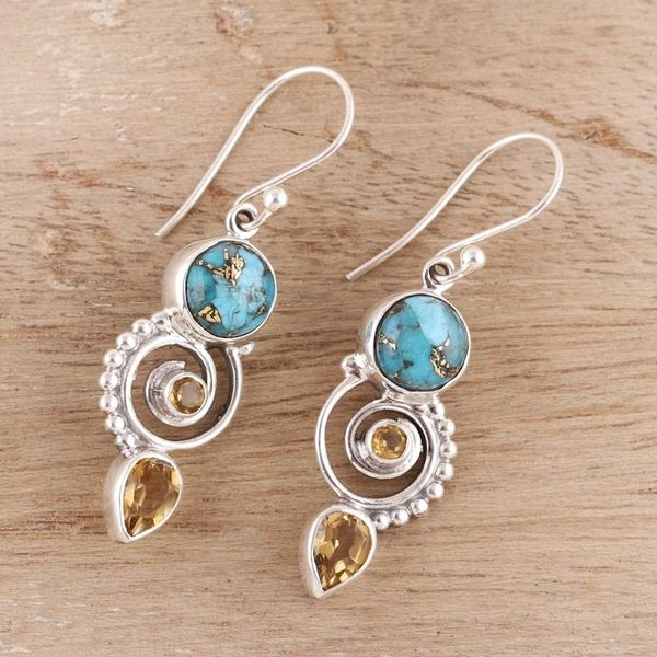 Alternate image for Citrine and Composite Turquoise Spiral Dangle Earrings Cool Labyrinth