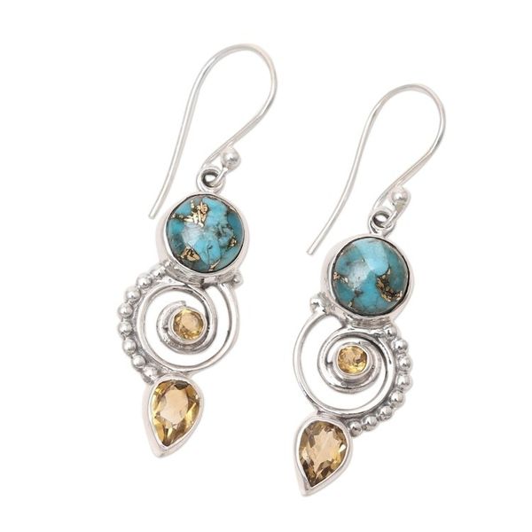 Alternate image for Citrine and Composite Turquoise Spiral Dangle Earrings Cool Labyrinth