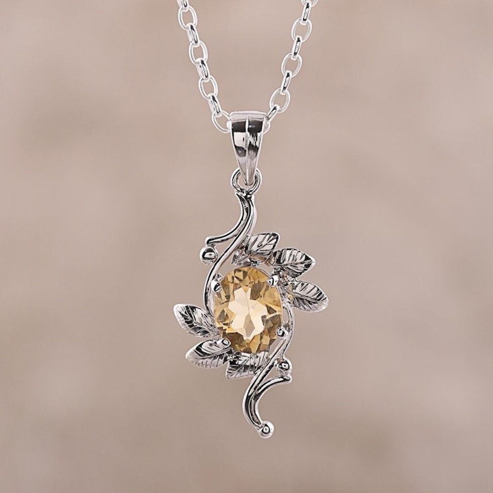 Leaf Motif Rhodium Plated Citrine Pendat Necklace from India 'Forest Radiance'