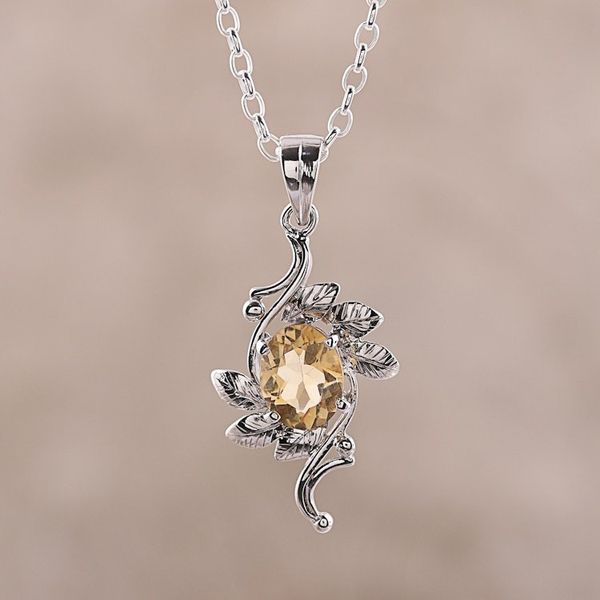 Alternate image for Leaf Motif Rhodium Plated Citrine Pendat Necklace from India Forest Radiance