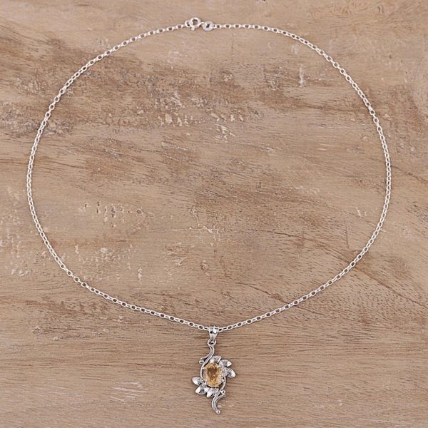 Alternate image for Leaf Motif Rhodium Plated Citrine Pendat Necklace from India Forest Radiance