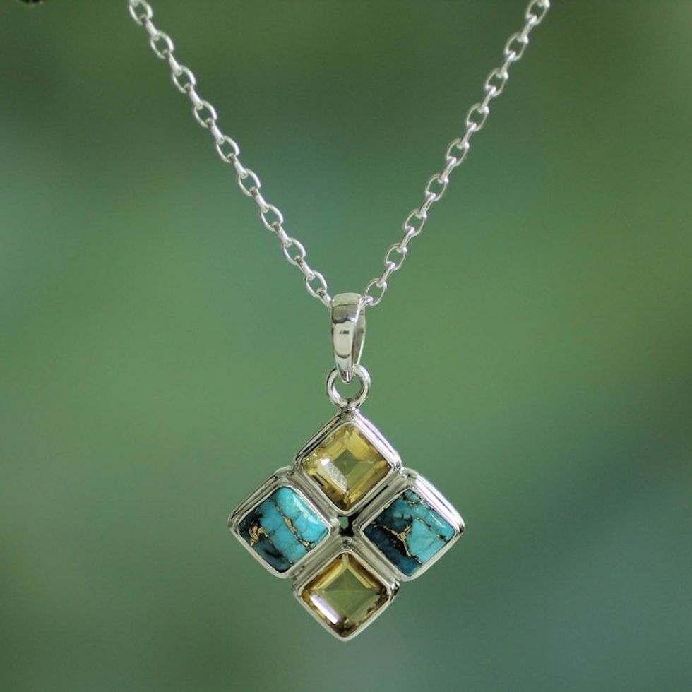 Artisan Crafted Citrine and Composite Turquoise Necklace ''Sun Meets Sky''