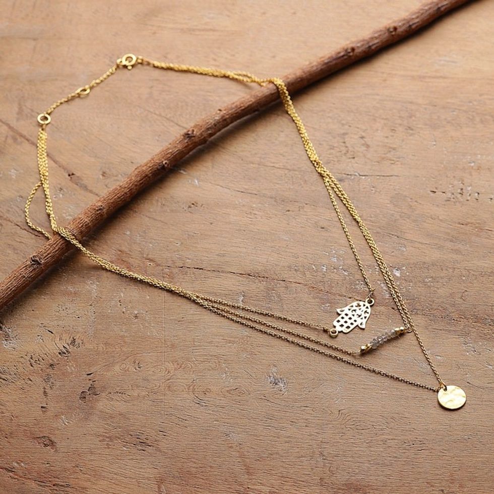 Gold Plated Labradorite Hamsa Pendant Necklace from India 'Hamsa Protection'