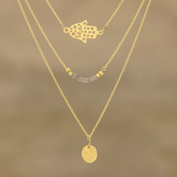 Alternate image for Gold Plated Labradorite Hamsa Pendant Necklace from India Hamsa Protection