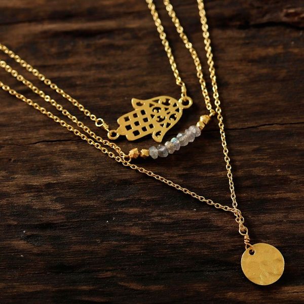 Alternate image for Gold Plated Labradorite Hamsa Pendant Necklace from India Hamsa Protection