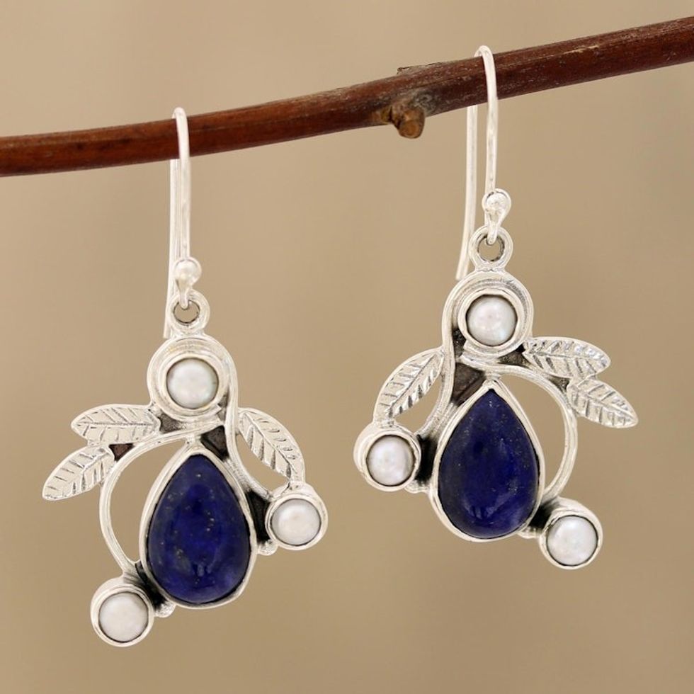 Pearl and Lapis Lazuli Earrings Sterling Silver Jewelry 'Tropical Fruit'