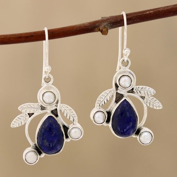 Alternate image for Pearl and Lapis Lazuli Earrings Sterling Silver Jewelry Tropical Fruit