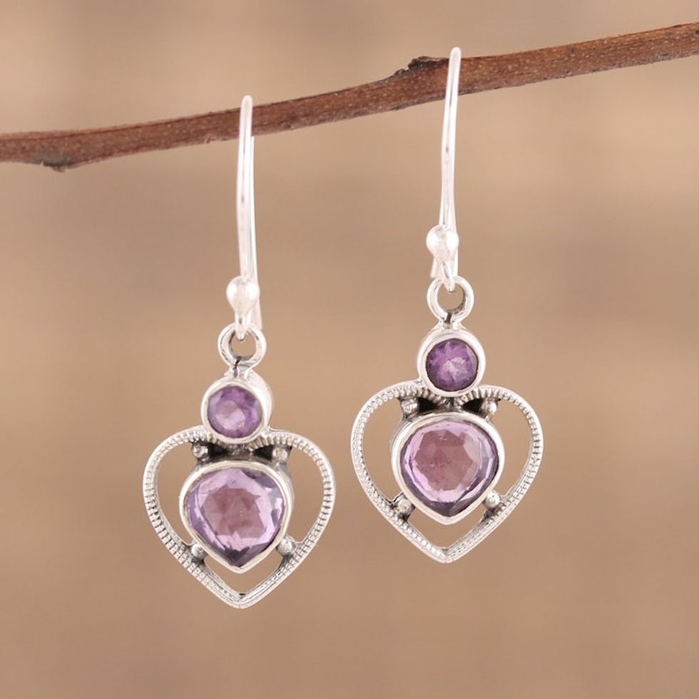 Handmade 925 Sterling Silver Amethyst Heart Earrings 'Lavender Heart'