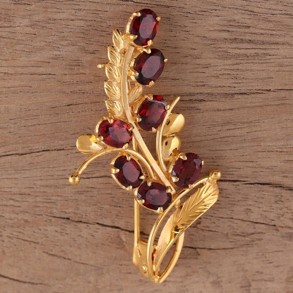 Handcrafted Gold Plated Silver and Garnet Floral Brooch Pin 'Gorgeous Scarlet'