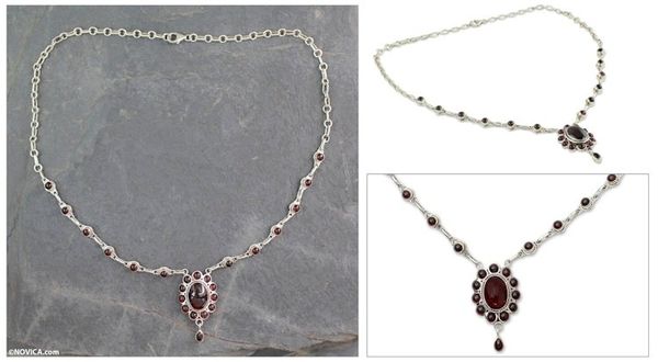 Alternate image for Silver Necklace with 23 Garnets Romantic Wine