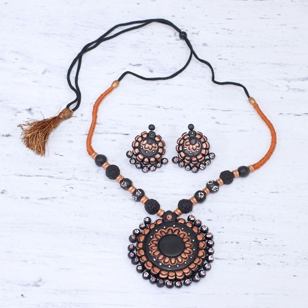 Handcrafted Floral Ceramic Jewelry Set from India 'Sunflower Majesty'