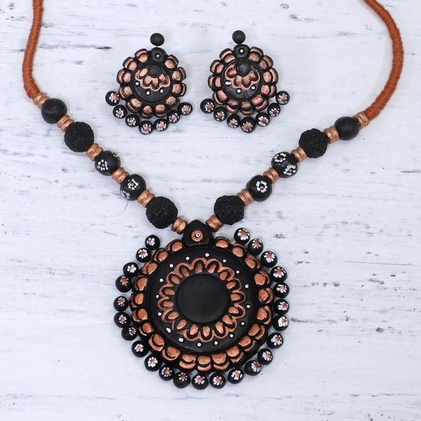 Alternate image for Handcrafted Floral Ceramic Jewelry Set from India Sunflower Majesty