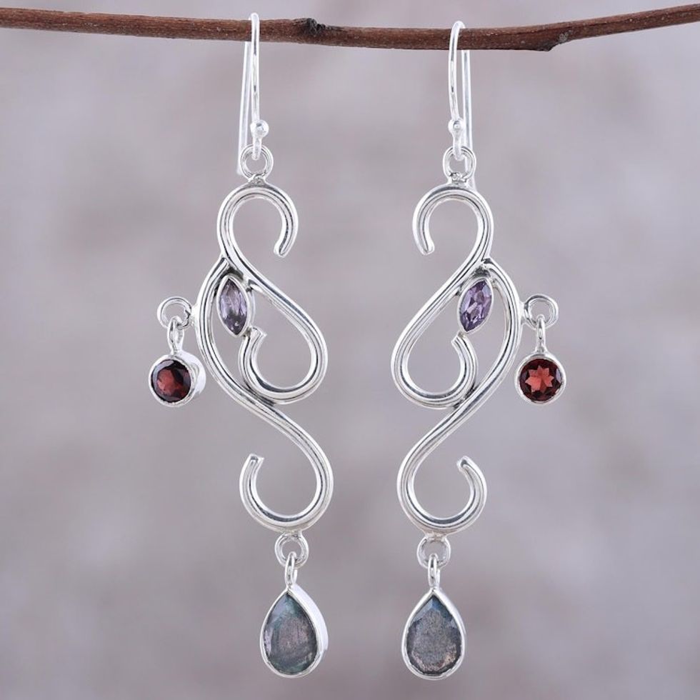 Artisan Crafted Garnet and Labradorite Earrings 'Modern Ivy'