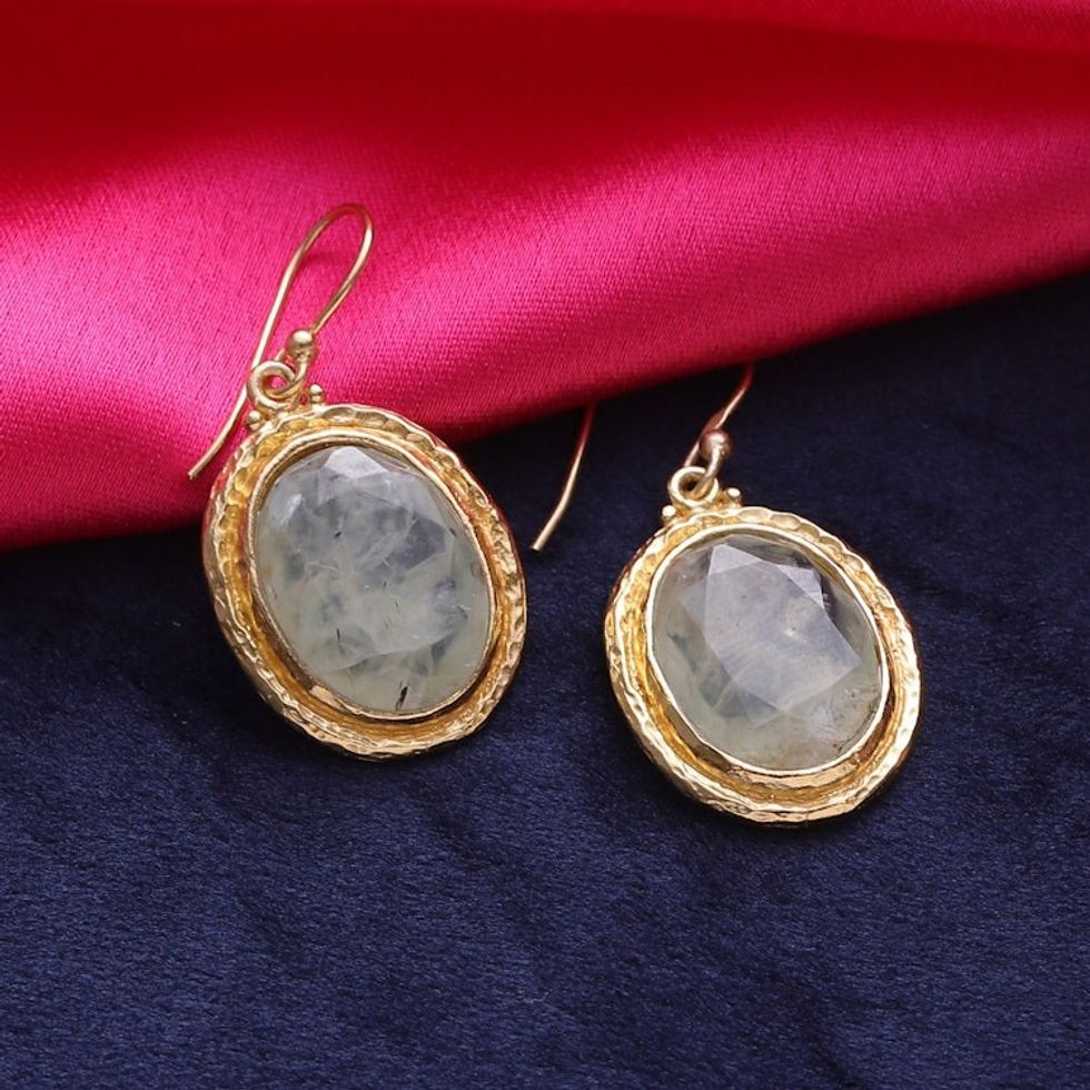 22k Gold Plated Prehnite Dangle Earrings from India 'Golden Frame'