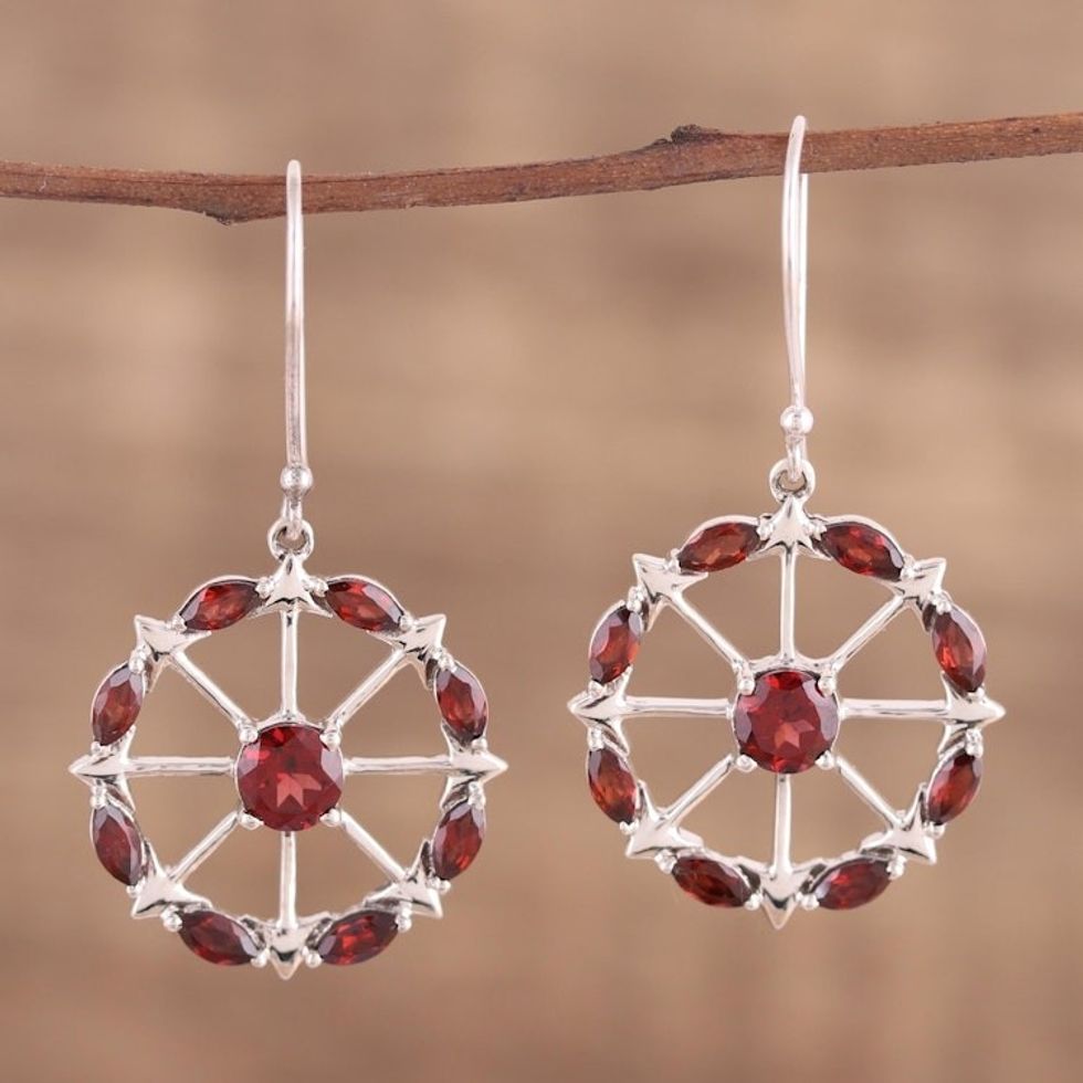 Circular Garnet Earrings from India 'Red Wheels'