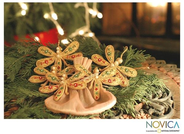 Alternate image for Hand Crafted Yellow Beaded Ornaments from India Set of 5 Dragonfly Magic