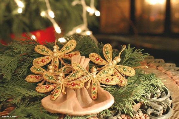 Alternate image for Hand Crafted Yellow Beaded Ornaments from India Set of 5 Dragonfly Magic