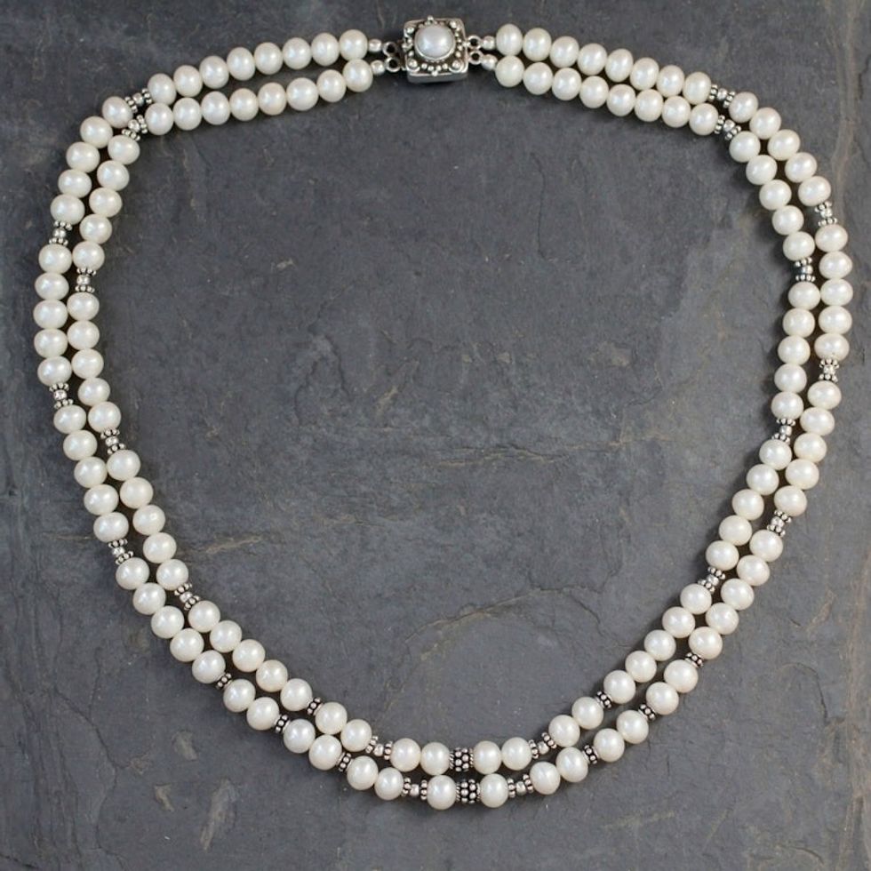 Handmade Double Pearl Strand Silver Necklace from India 'Cloud Song'