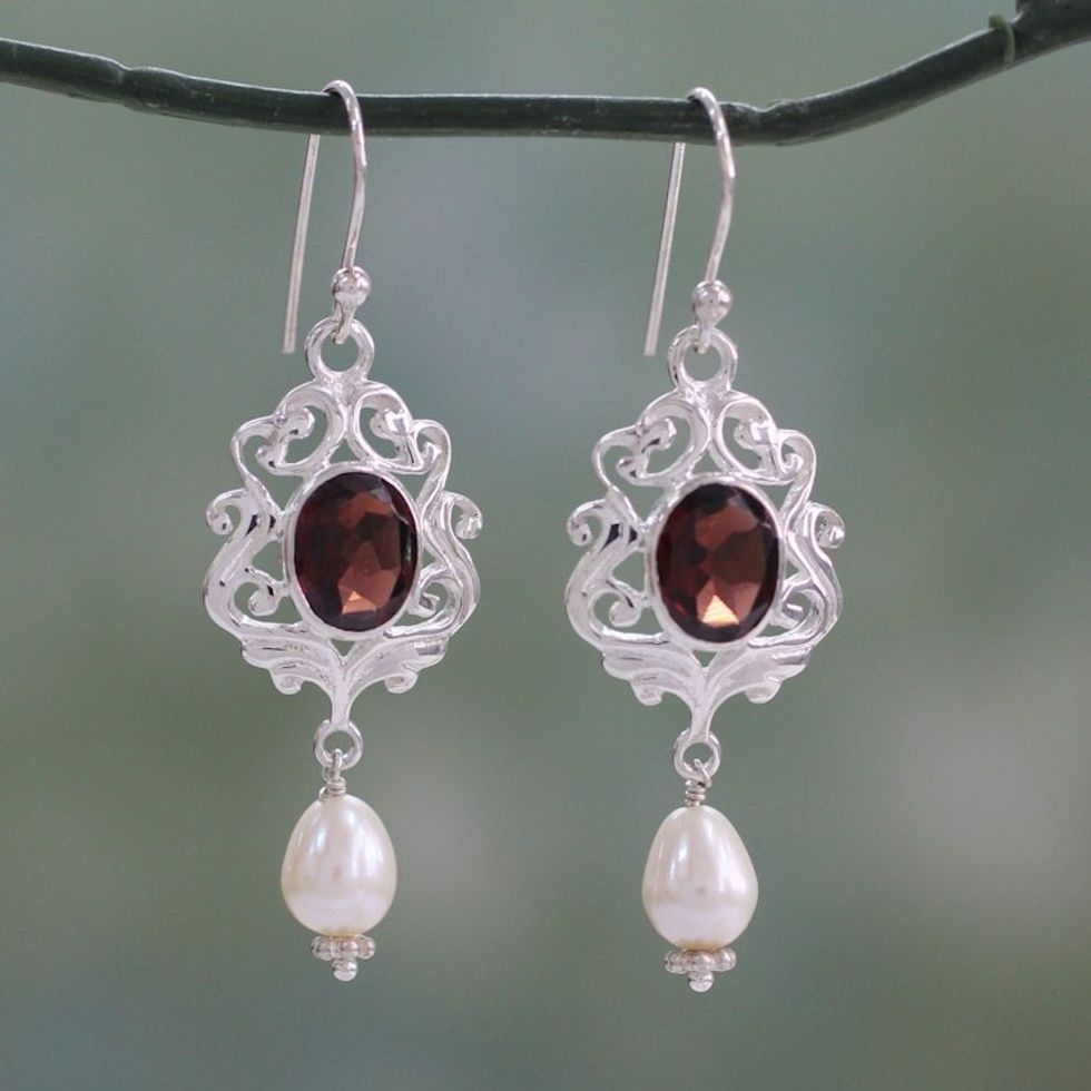 White Pearl and Garnet Earrings on Sterling Silver 'Classic India'