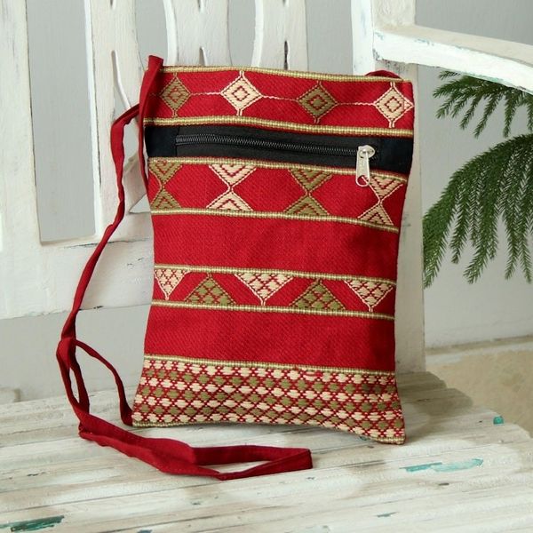 Alternate image for Deep Red Olive and Yellow Hand Woven Passport Bag from India Kaleidoscope Traveler