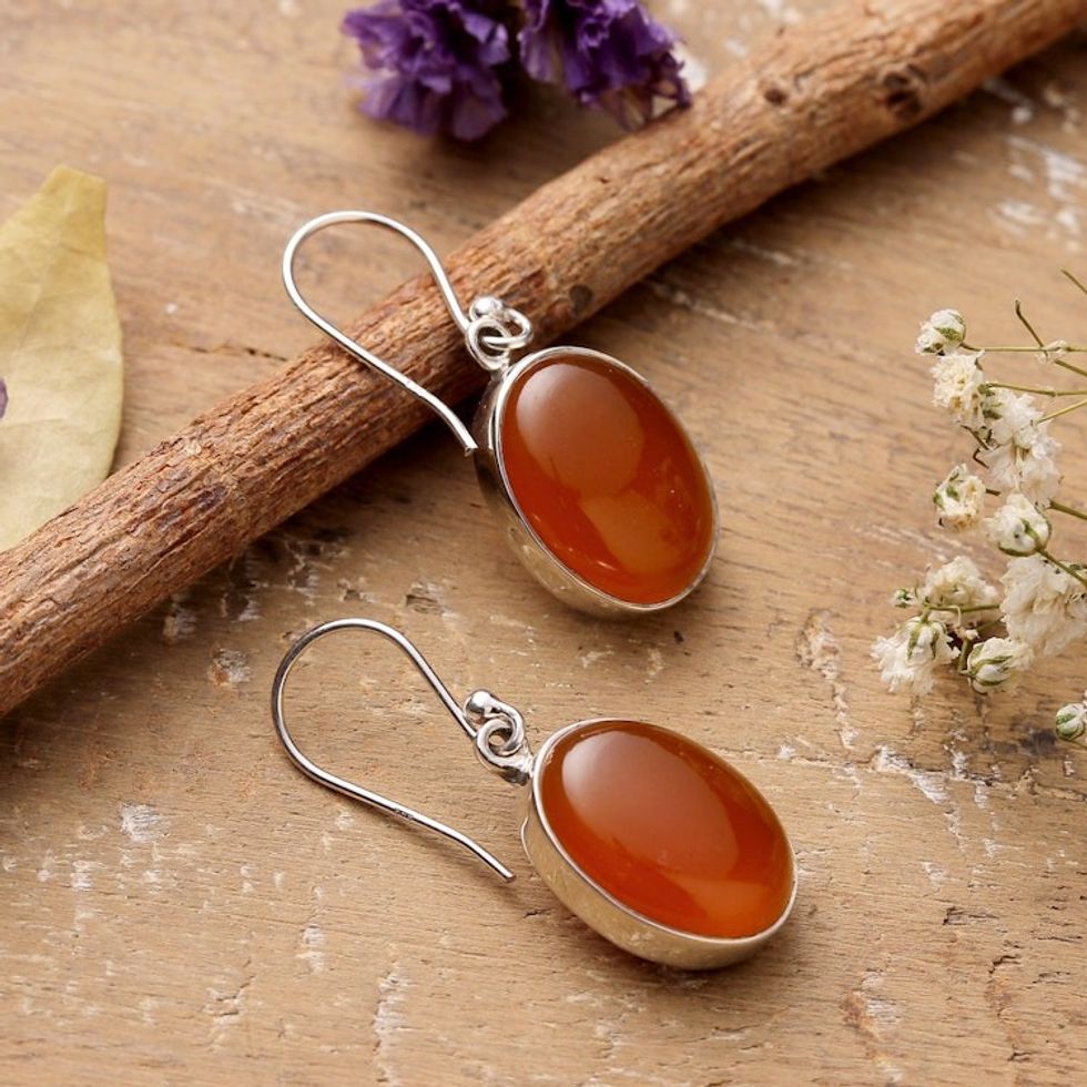 Oval Carnelian Dangle Earrings Crafted in Bali 'Fiery Ovals'