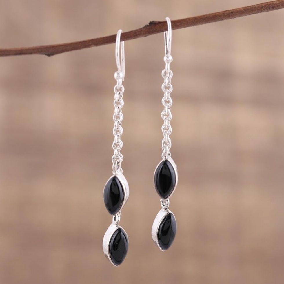 Black Onyx and Sterling Silver Dangle Earrings from India 'Midnight Seeds'