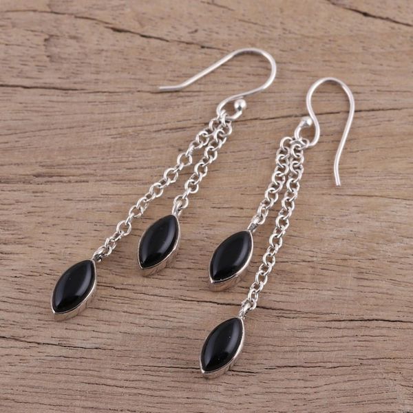 Alternate image for Black Onyx and Sterling Silver Dangle Earrings from India Midnight Seeds
