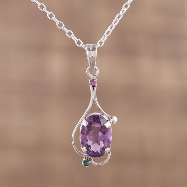 Alternate image for Amethyst Ruby and Emerald Pendant Necklace from India Alluring Glisten