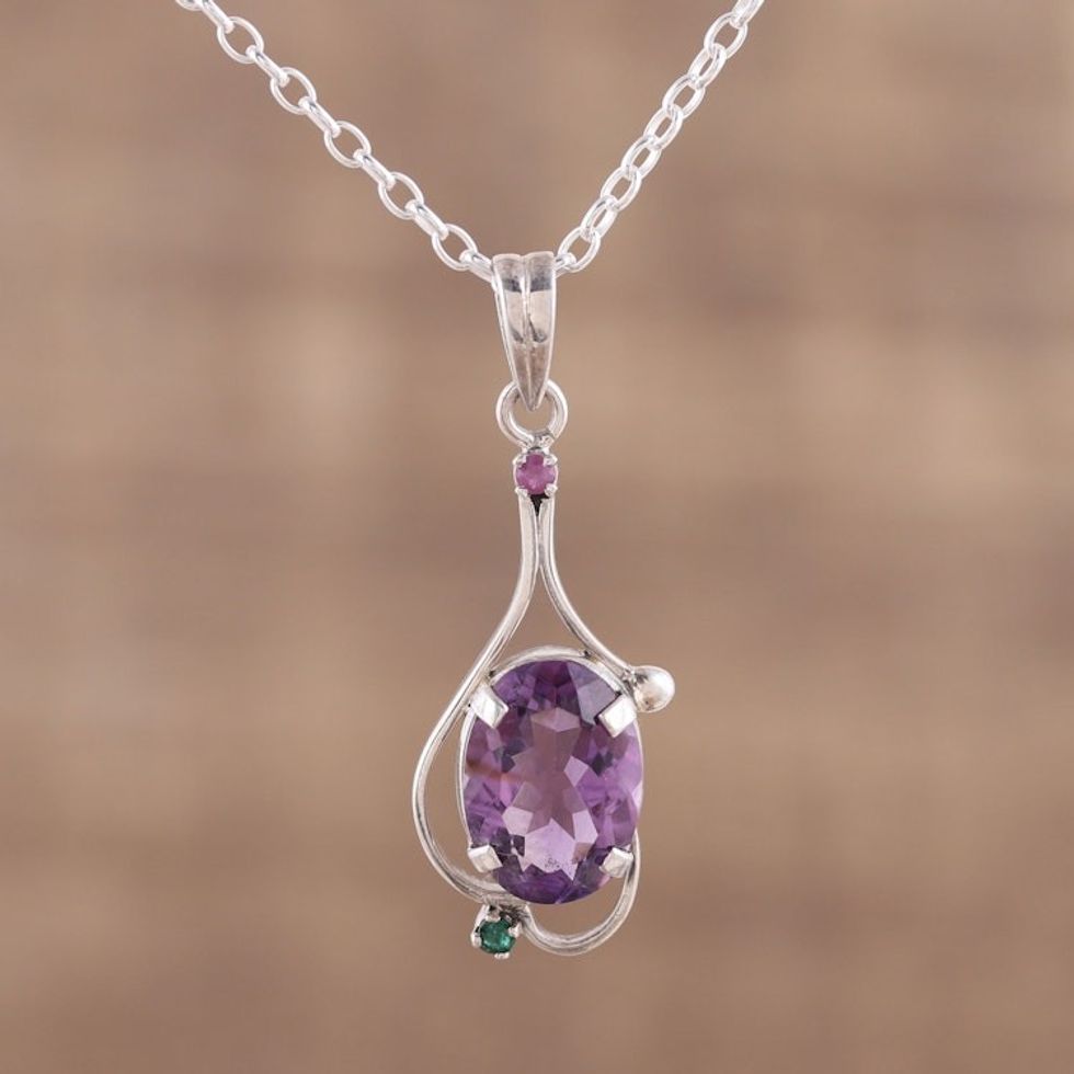 Amethyst Ruby and Emerald Pendant Necklace from India 'Alluring Glisten'