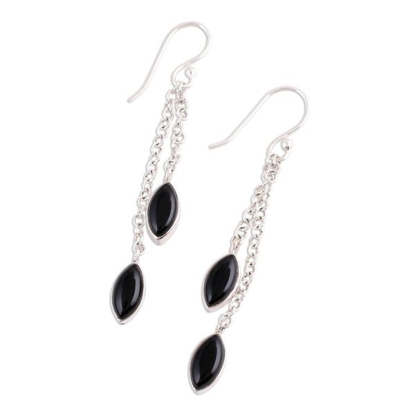 Alternate image for Black Onyx and Sterling Silver Dangle Earrings from India Midnight Seeds