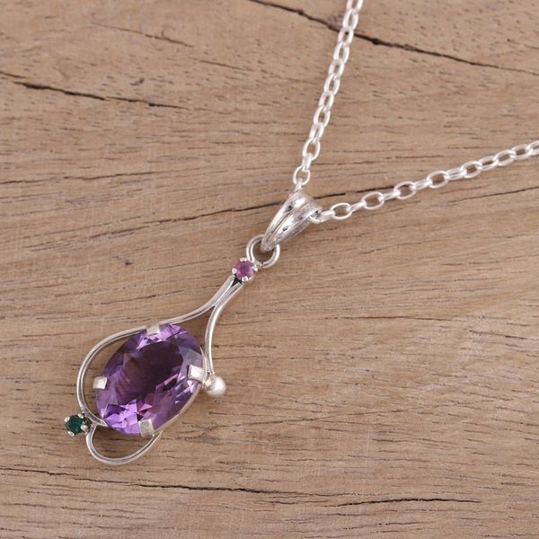 Alternate image for Amethyst Ruby and Emerald Pendant Necklace from India Alluring Glisten
