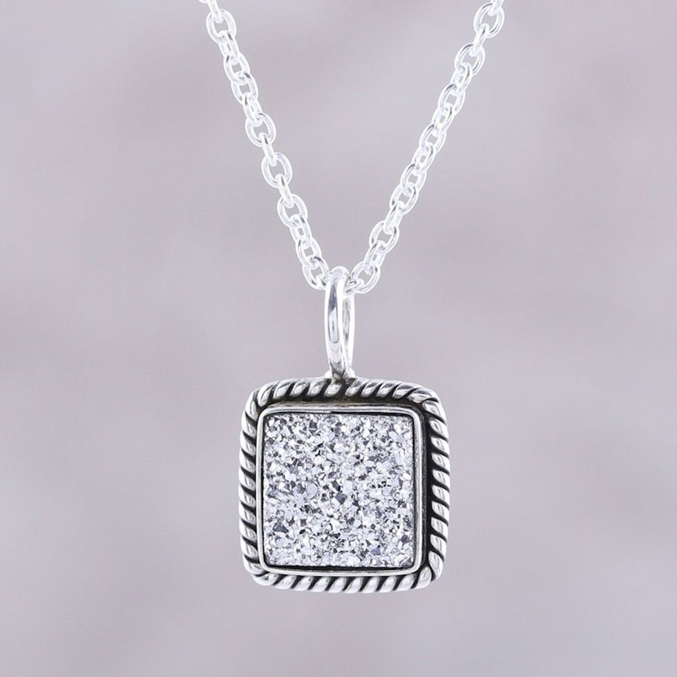 Sterling Silver White Druzy Square Pendant Necklace 'White Sparkle'