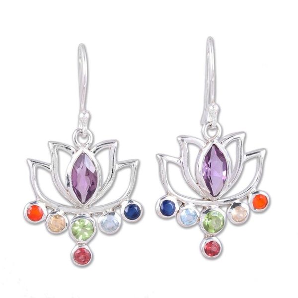 Alternate image for Floral Multi-Gemstone Chakra Dangle Earrings from India Lotus Chakra