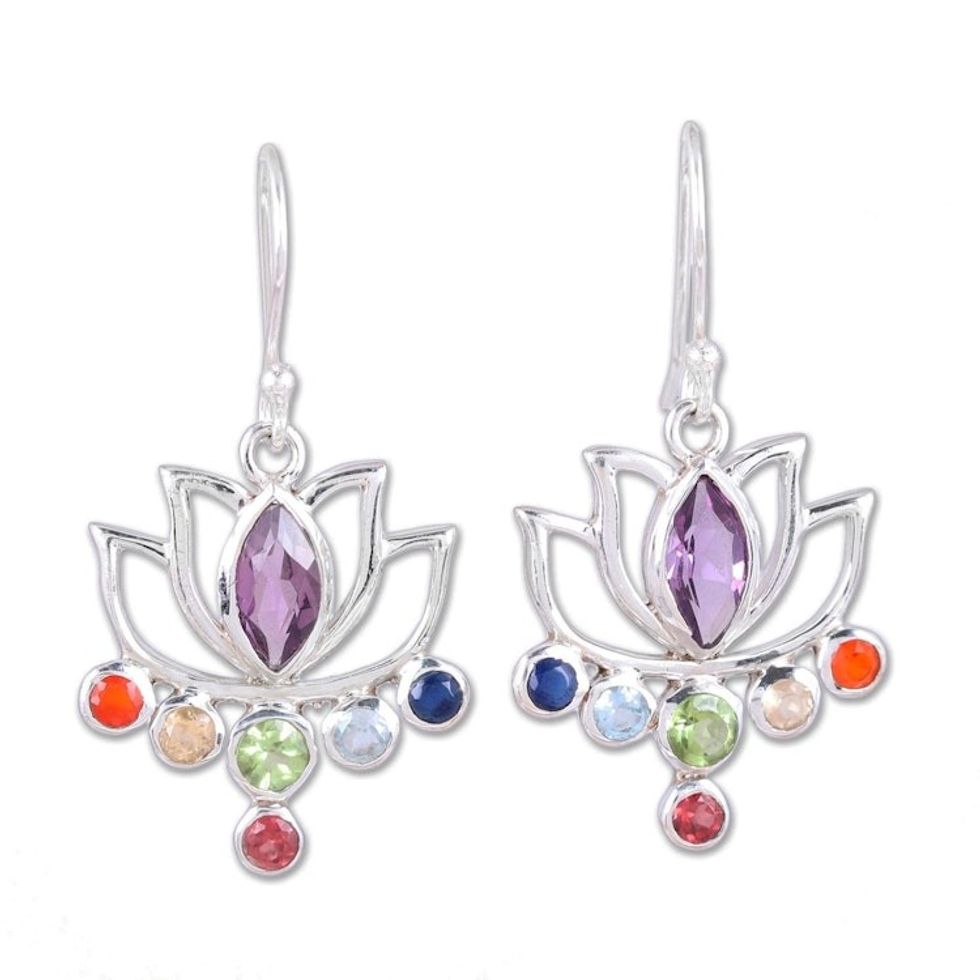 Floral Multi-Gemstone Chakra Dangle Earrings from India 'Lotus Chakra'