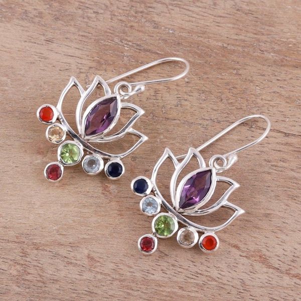 Alternate image for Floral Multi-Gemstone Chakra Dangle Earrings from India Lotus Chakra
