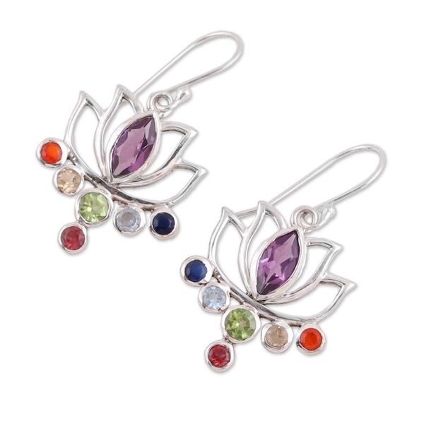 Alternate image for Floral Multi-Gemstone Chakra Dangle Earrings from India Lotus Chakra