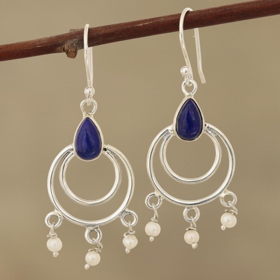 Lapis Lazuli and Cultured Pearl Dangle Earrings from India 'Royal Aesthetic'