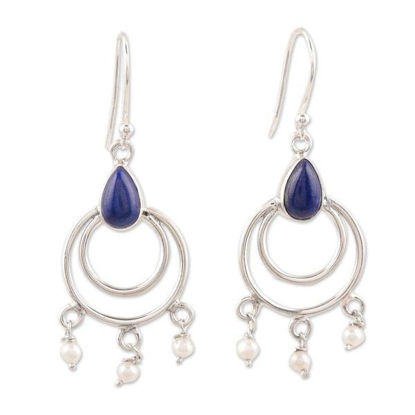 Alternate image for Lapis Lazuli and Cultured Pearl Dangle Earrings from India Royal Aesthetic