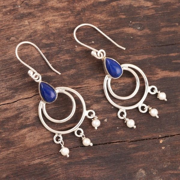 Alternate image for Lapis Lazuli and Cultured Pearl Dangle Earrings from India Royal Aesthetic