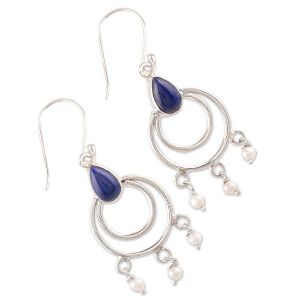 Alternate image for Lapis Lazuli and Cultured Pearl Dangle Earrings from India Royal Aesthetic