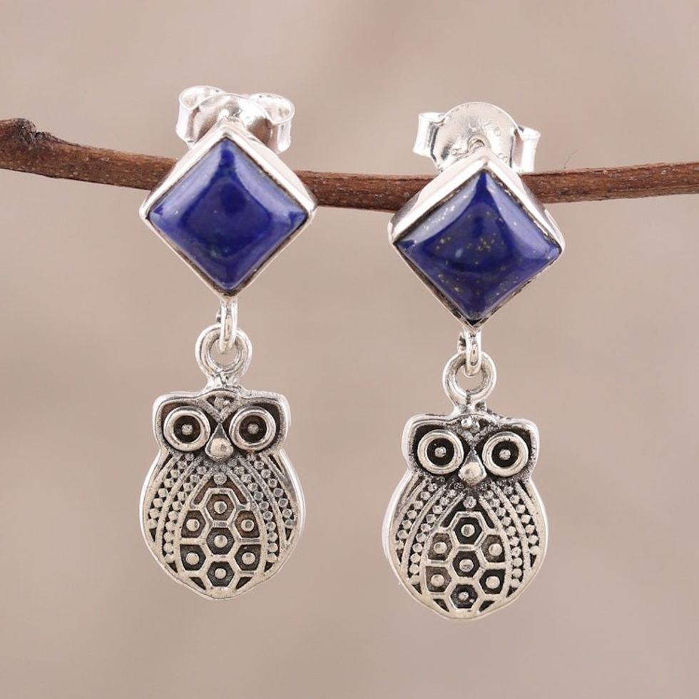 Lapis Lazuli Owl Dangle Earrings from India 'Royal Owls'
