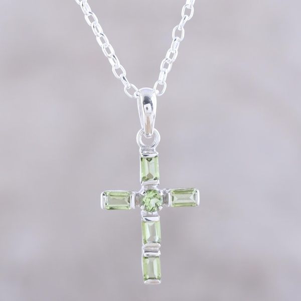 Alternate image for Sterling Silver and Peridot Cross Pendant Necklace Kolkata Cross