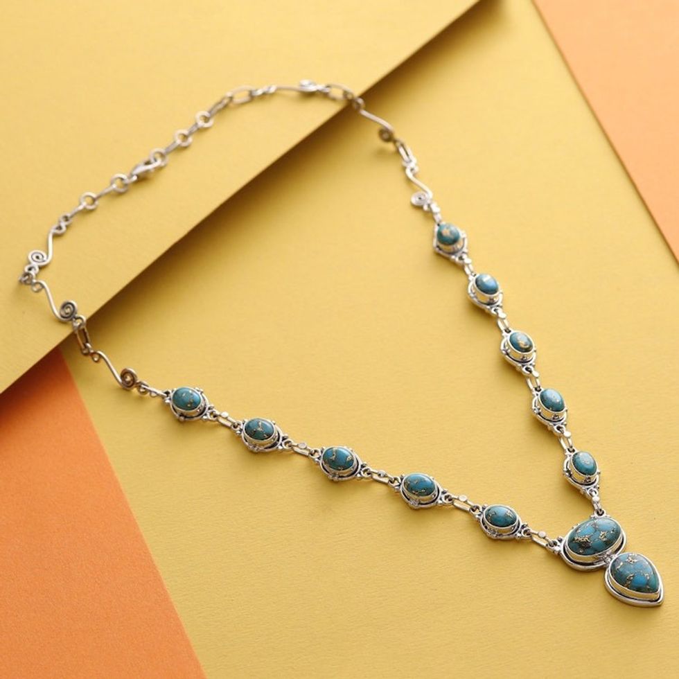 Turquoise Color Y Necklace Hand Crafted in Sterling Silver 'Blue Magnificence'