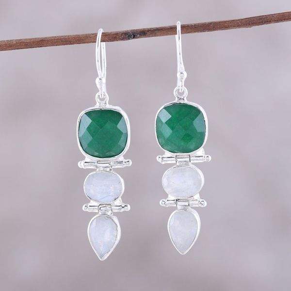 Alternate image for Green Onyx and Rainbow Moonstone Dangle Earrings from India Glittering Muse