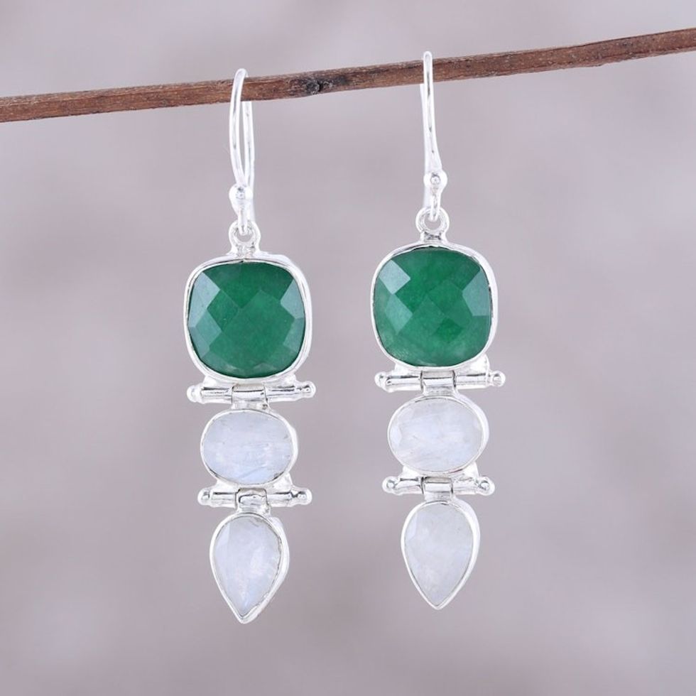 Green Onyx and Rainbow Moonstone Dangle Earrings from India 'Glittering Muse'